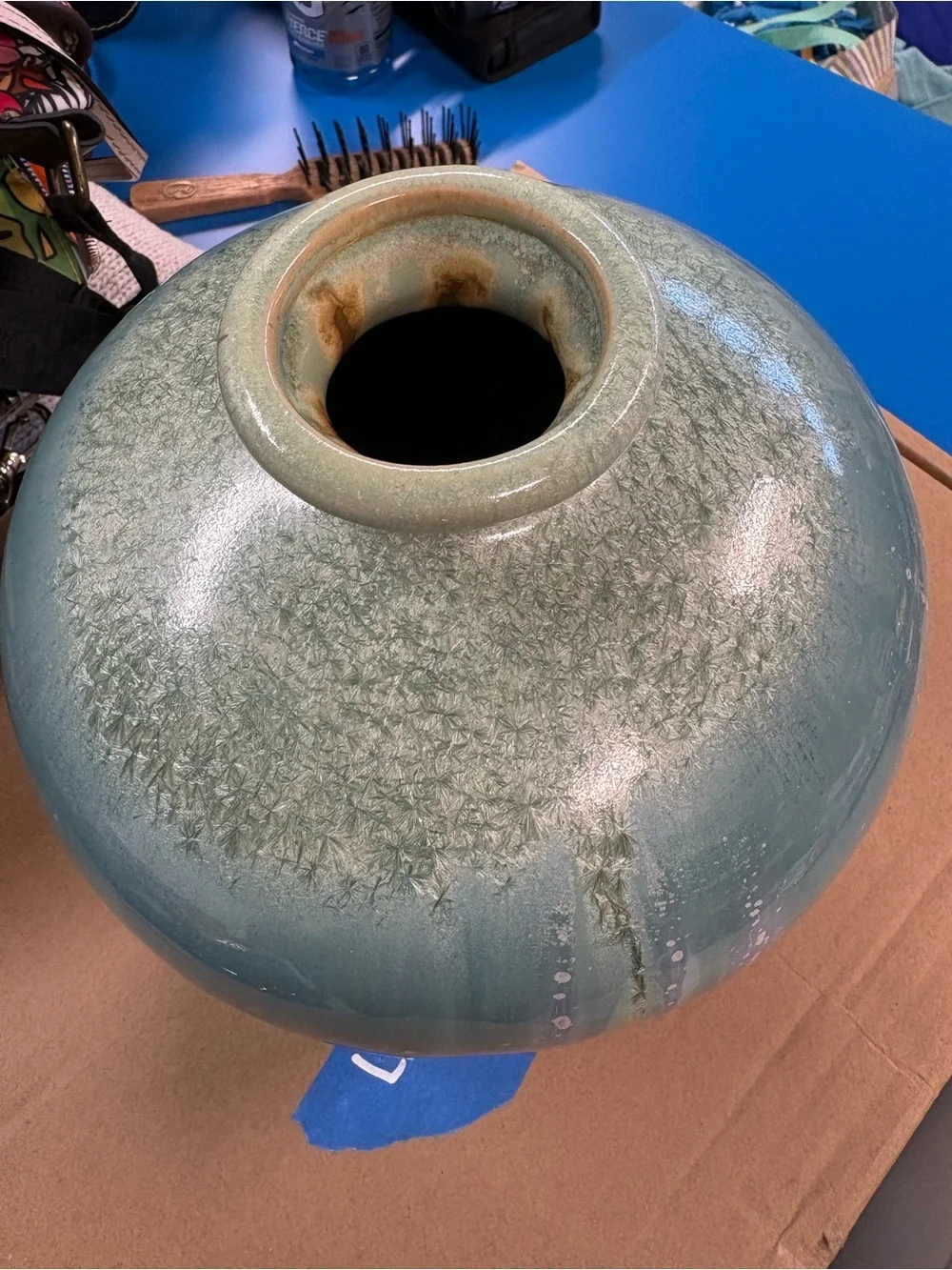 Unique Teal Light Purple Green Drip Crackle Crystalline Glaze Bulb Vase ~8”